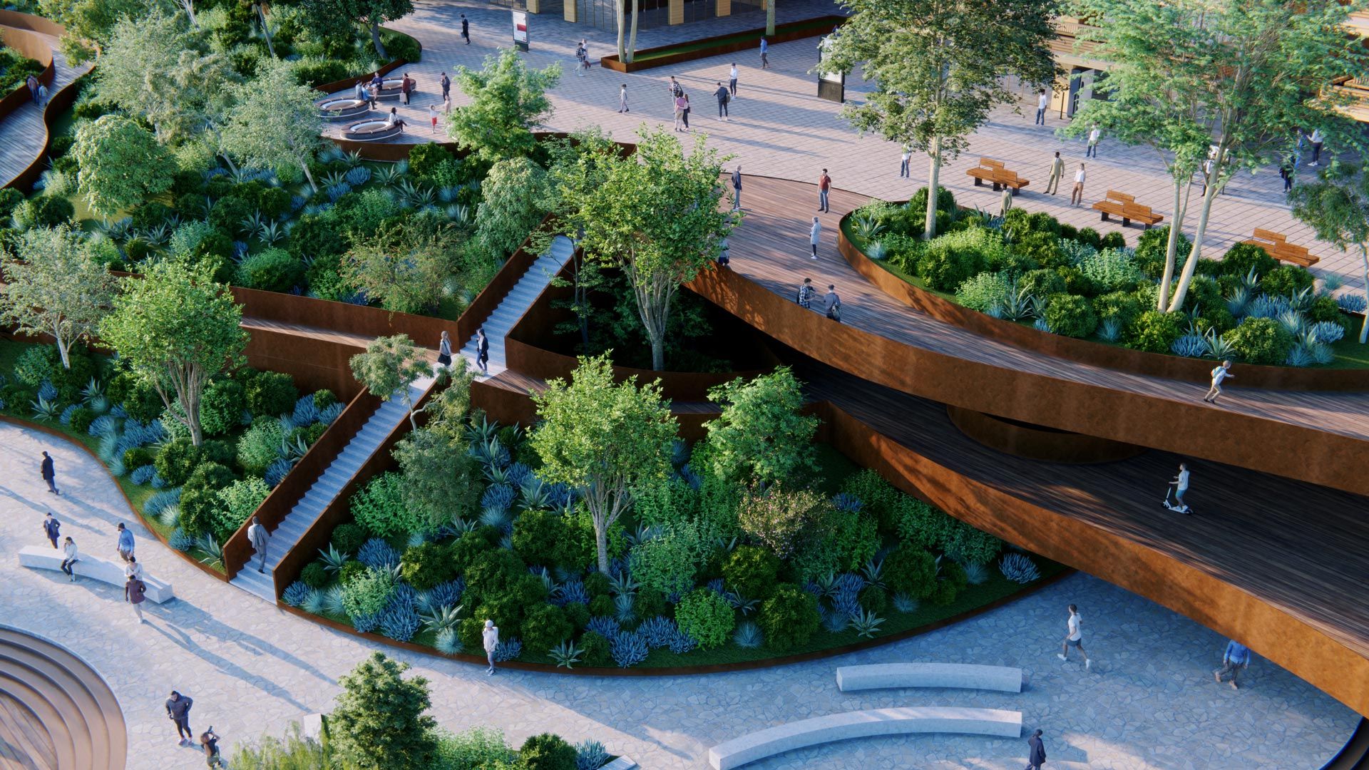 Parco urbano con passerelle, scale in acciaio corten e vegetazione