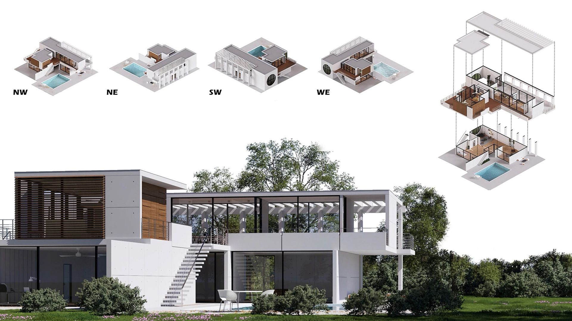 Tavola di presentazione con assonometrie e vista di una villa, realizzata con Lumion