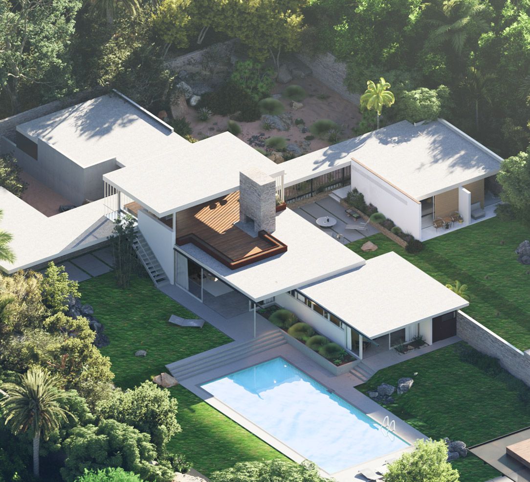 Vista assonometrica di una villa con piscina immersa nel verde