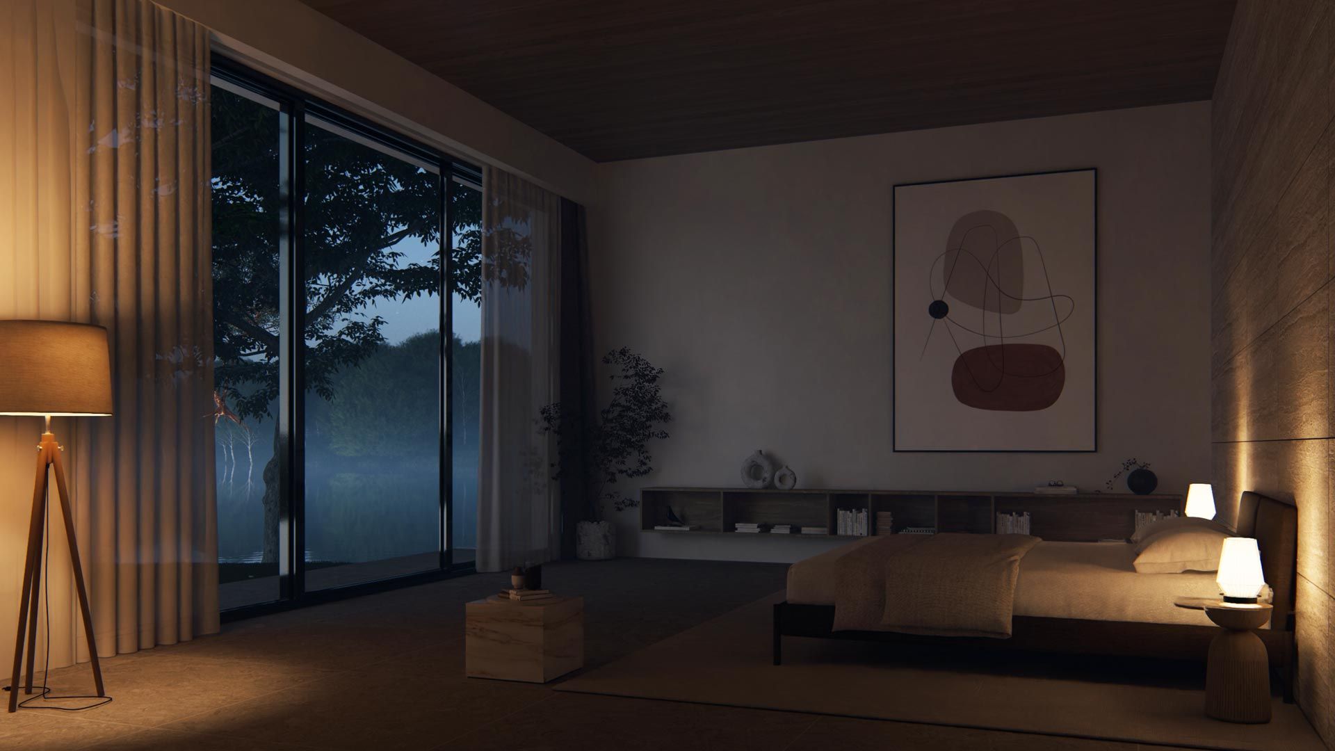 Camera da letto di sera con luci artificiali
